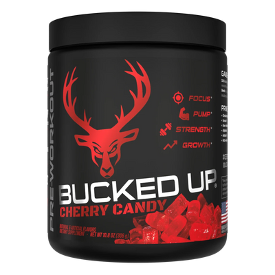 Container of Bucked Up Pre Workout Supplement with a black background featuring a white graphic of a deer head with Red colors for Cherry Candy Flavor and text that reads 'BUCKED UP'.