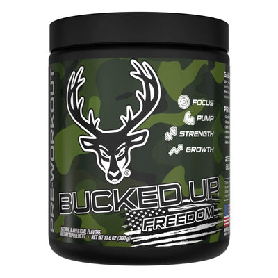 Container of Bucked Up Pre Workout Supplement with a black background featuring a white graphic of a deer head with camo colors for Freedom Grape Flavor and text that reads 'BUCKED UP'.