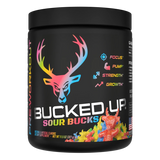 Container of Bucked Up Pre Workout Supplement with a black background featuring a white graphic of a deer head with sour gummy bucks and text that reads 'BUCKED UP'.