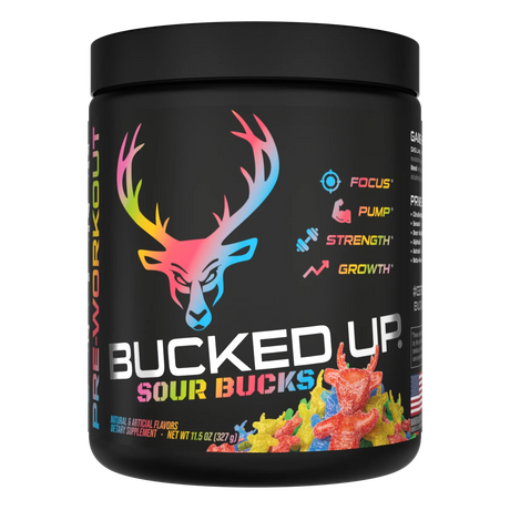 Container of Bucked Up Pre Workout Supplement with a black background featuring a white graphic of a deer head with sour gummy bucks and text that reads 'BUCKED UP'.