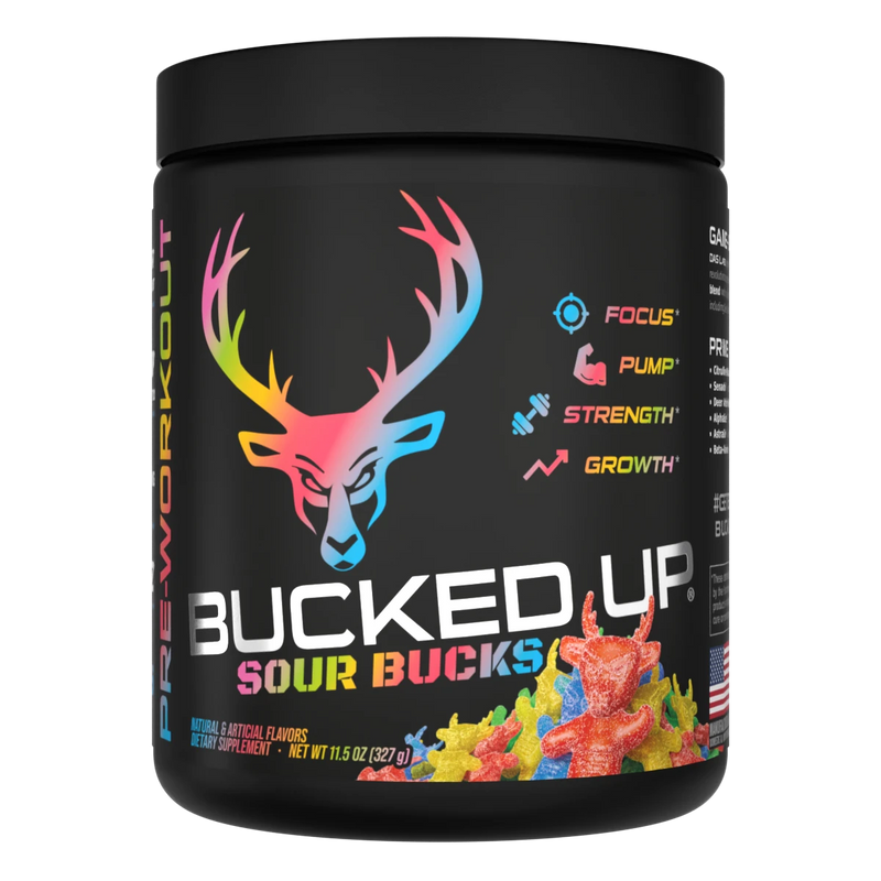 Container of Bucked Up Pre Workout Supplement with a black background featuring a white graphic of a deer head with sour gummy bucks and text that reads 'BUCKED UP'.