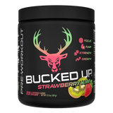 Bucked Up Pre-workout supplement container with deer head logo and strawberry kiwi flavor text on a black background