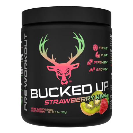 Bucked Up Pre-workout supplement container with deer head logo and strawberry kiwi flavor text on a black background