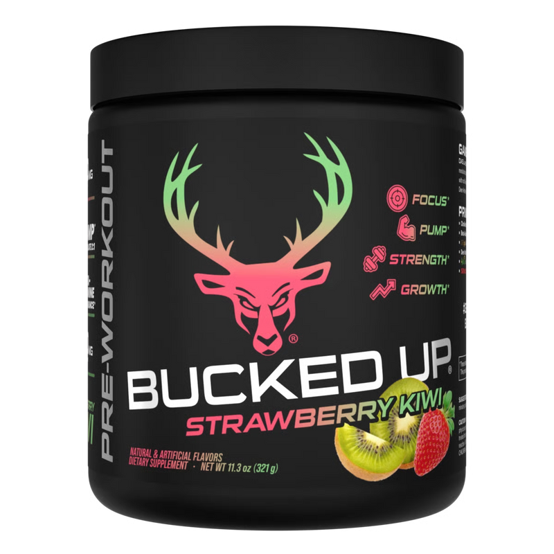 Bucked Up Pre-workout supplement container with deer head logo and strawberry kiwi flavor text on a black background
