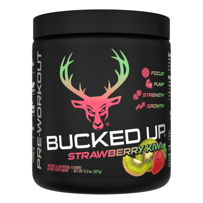 Bucked Up Pre-workout supplement container with deer head logo and strawberry kiwi flavor text on a black background