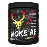 Black Bucked Up Woke AF Pre workout Aussie Fruit Flavor supplement container with red and yellow graphics and text on a white background