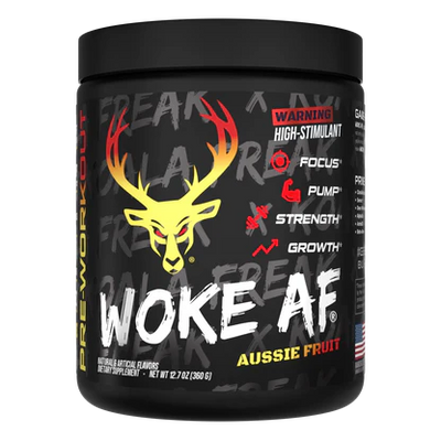 Black Bucked Up Woke AF Pre workout Aussie Fruit Flavor supplement container with red and yellow graphics and text on a white background