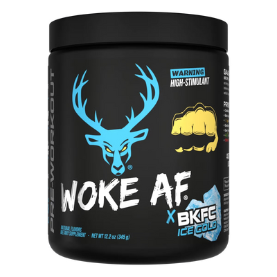 Bucked Up Woke Af Pre workout BKFC Ice Cold Flavor in a Black container with a blue deer logo and text on a white background
