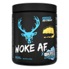 Bucked Up Woke Af Pre workout BKFC Ice Cold Flavor in a Black container with a blue deer logo and text on a white background