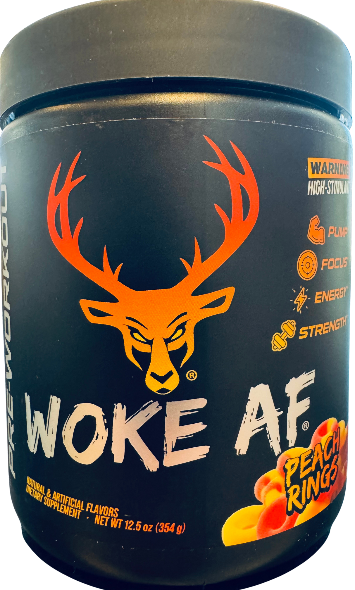 Bucked Up Woke AF Pre Workout Peach Rings Flavor in a black container with orange writing 