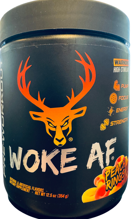 Bucked Up Woke AF Pre Workout Peach Rings Flavor in a black container with orange writing 