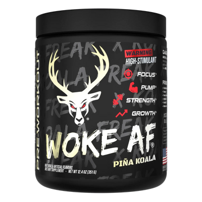 bucked up woke af pre workout pina koala flavor in a black container