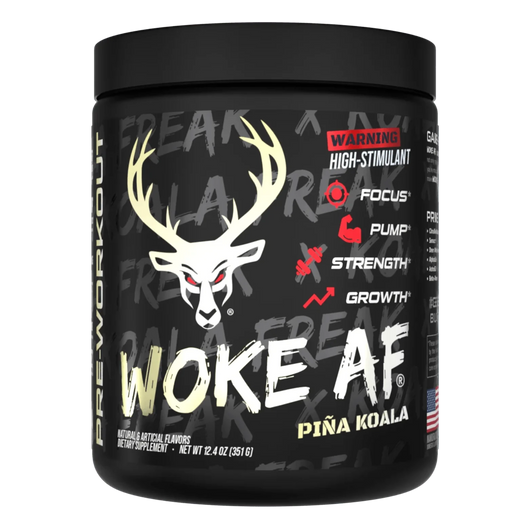 bucked up woke af pre workout pina koala flavor in a black container