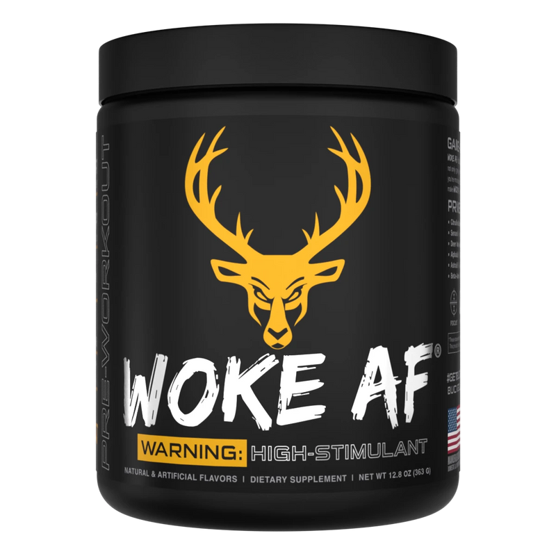 A container of Bucked Up Woke AF Pre-Workout OJ FLAVOR supplement with a black background featuring orange and white text, and images of a deer. The product is labeled as 'High-Stimulant' and 'Pump, Focus, Energy, Strength'.