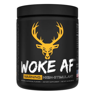 A container of Bucked Up Woke AF Pre-Workout OJ FLAVOR supplement with a black background featuring orange and white text, and images of a deer. The product is labeled as 'High-Stimulant' and 'Pump, Focus, Energy, Strength'.