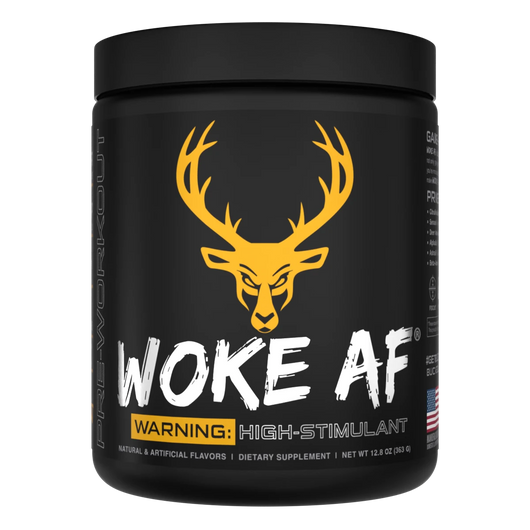 A container of Bucked Up Woke AF Pre-Workout OJ FLAVOR supplement with a black background featuring orange and white text, and images of a deer. The product is labeled as 'High-Stimulant' and 'Pump, Focus, Energy, Strength'.