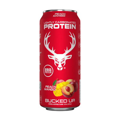 Red can of Bucked Up protein drink with peach and mango flavor on a white background