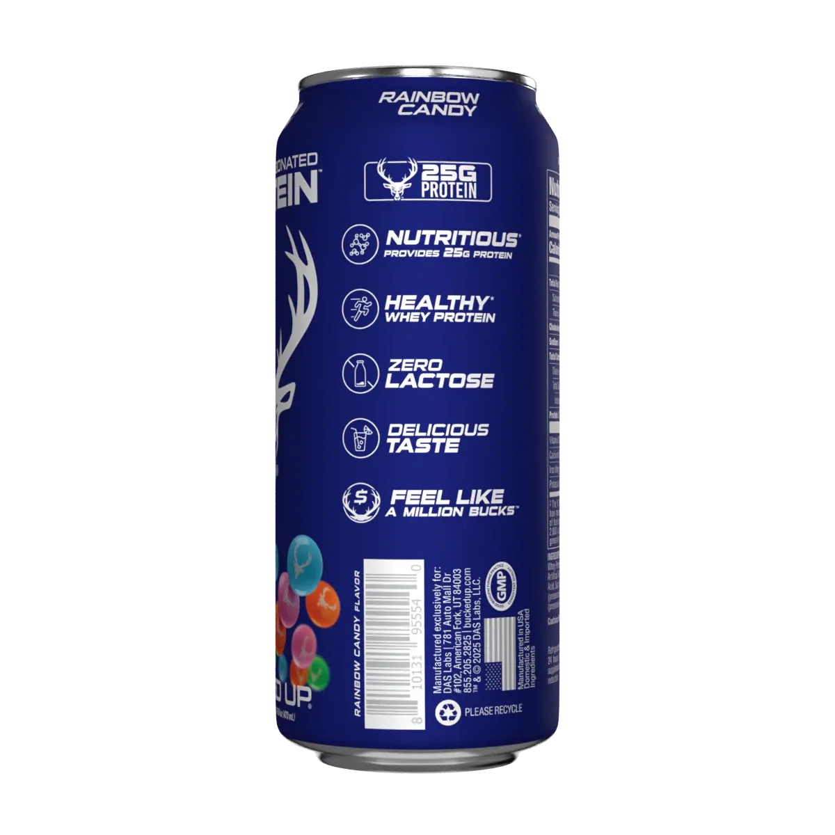 Blue can of Bucked Up High Protein with nutritional and branding information on a white background