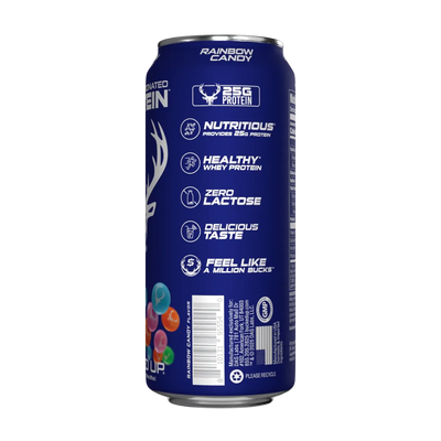 Blue can of Bucked Up High Protein with nutritional and branding information on a white background
