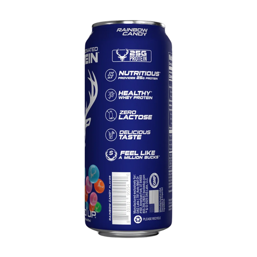 Blue can of Bucked Up High Protein with nutritional and branding information on a white background