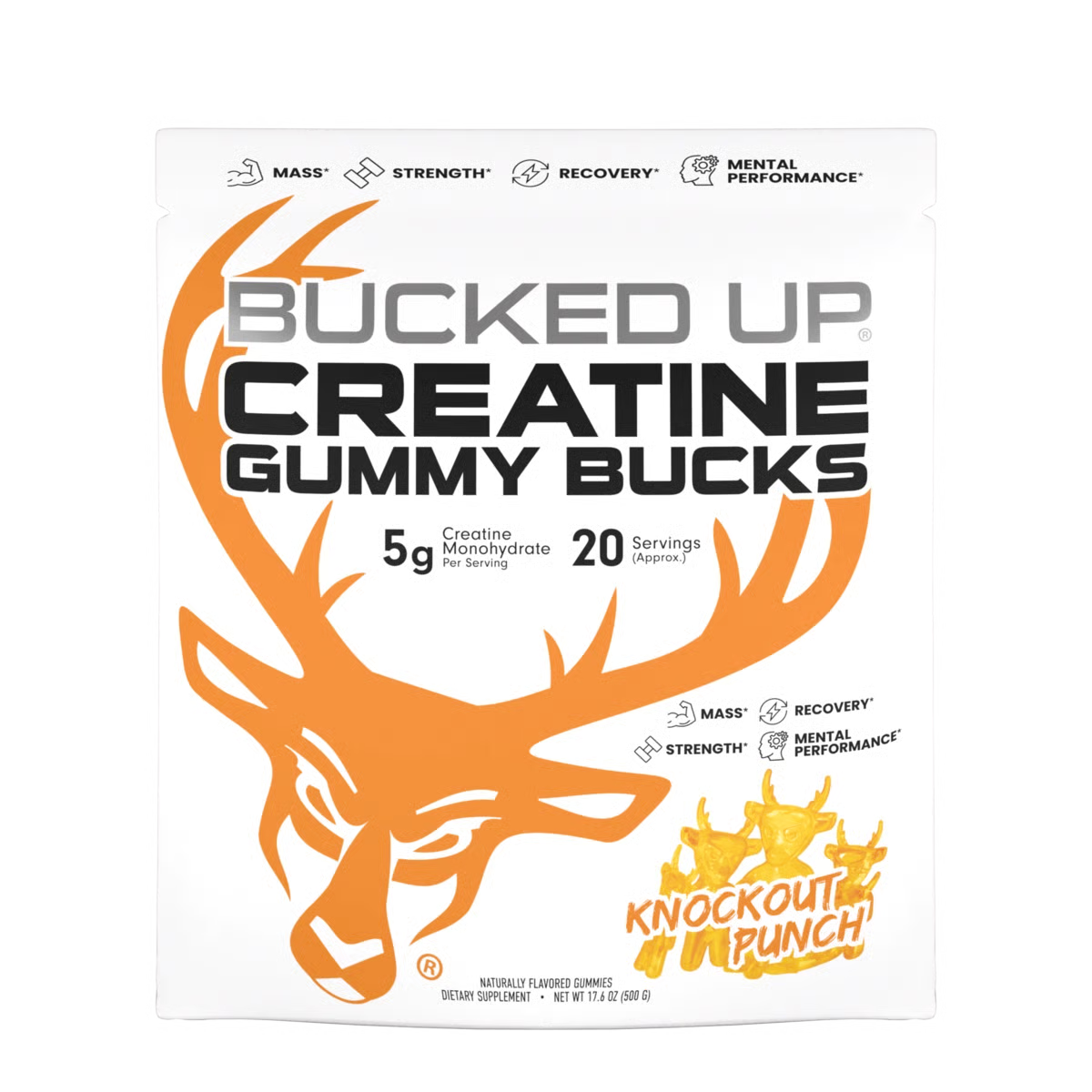 Package of Bucked Up Creatine Gummy Bucks in Knockout Punch Flavor with orange deer design  on a white background.