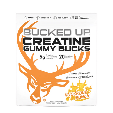 Package of Bucked Up Creatine Gummy Bucks in Knockout Punch Flavor with orange deer design  on a white background.