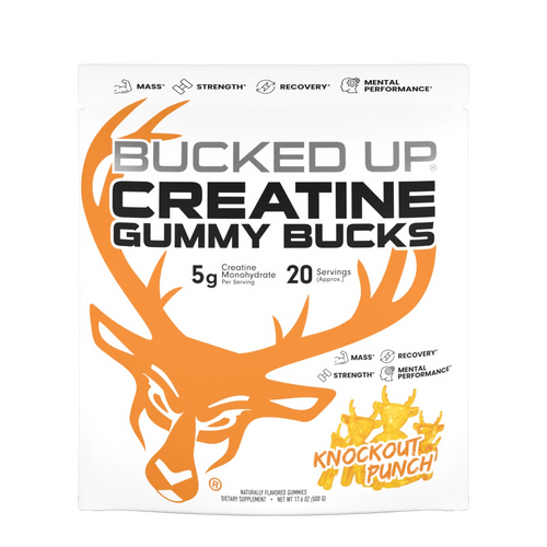Package of Bucked Up Creatine Gummy Bucks in Knockout Punch Flavor with orange deer design  on a white background.