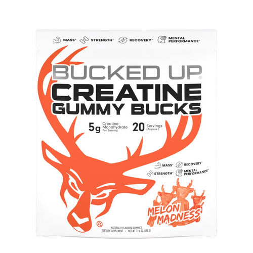 Package of Bucked Up Creatine Gummy Bucks in Melon Madness Flavor with a deer design on a white background