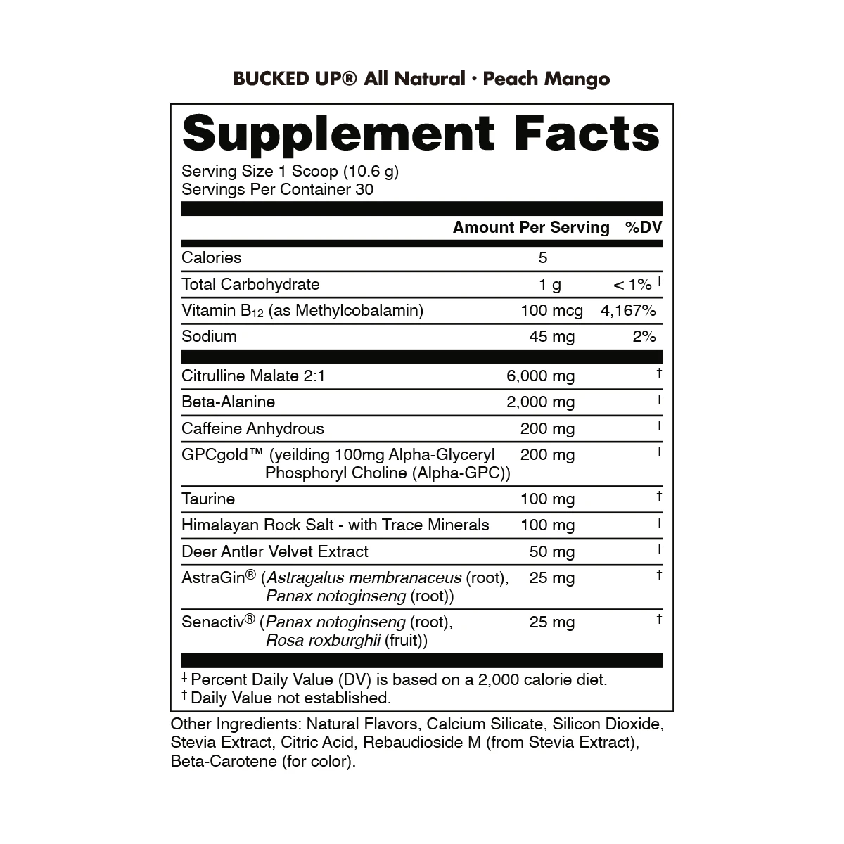 Bucked Up All Natural Pre Workout Supplement facts label on a white background