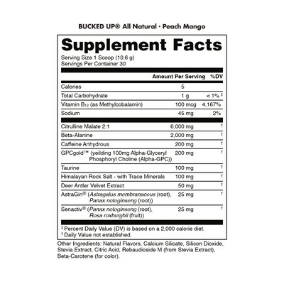 Bucked Up All Natural Pre Workout Supplement facts label on a white background