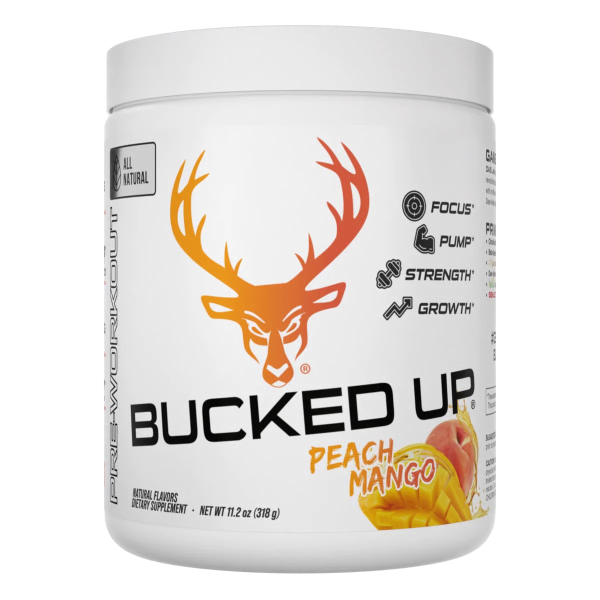 Bucked Up All Natural Pre Workout Supplement container labeled 'Bucked Up' with peach mango flavor on a white background