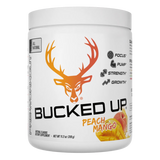 Bucked Up All Natural Pre Workout Supplement container labeled 'Bucked Up' with peach mango flavor on a white background