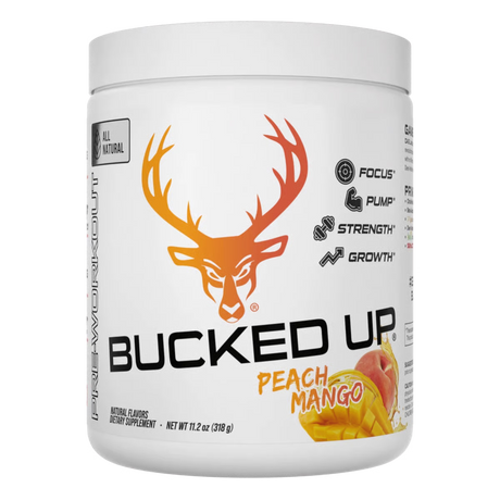 Bucked Up All Natural Pre Workout Supplement container labeled 'Bucked Up' with peach mango flavor on a white background