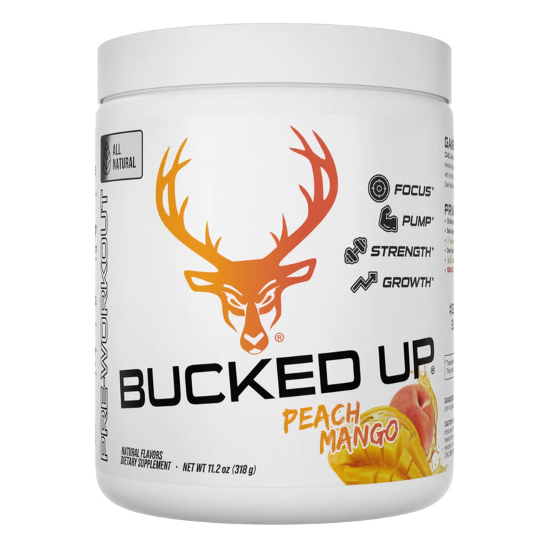 Bucked Up All Natural Pre Workout Supplement container labeled 'Bucked Up' with peach mango flavor on a white background