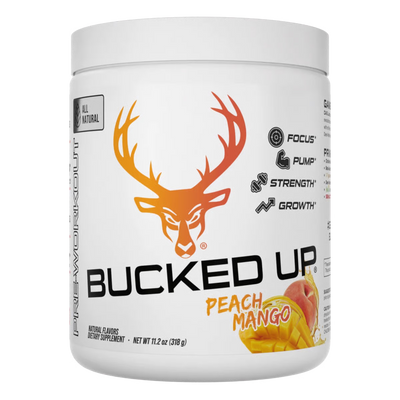 Bucked Up All Natural Pre Workout Supplement container labeled 'Bucked Up' with peach mango flavor on a white background