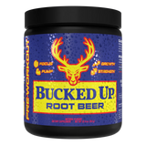 Pre Workout Supplement container labeled 'Bucked Up Root Beer' with a deer logo on a blue background.