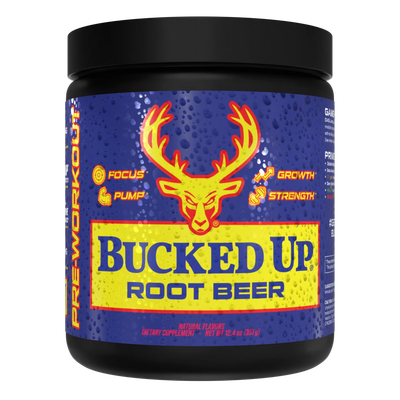 Pre Workout Supplement container labeled 'Bucked Up Root Beer' with a deer logo on a blue background.