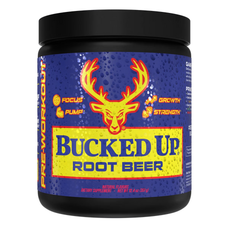 Pre Workout Supplement container labeled 'Bucked Up Root Beer' with a deer logo on a blue background.