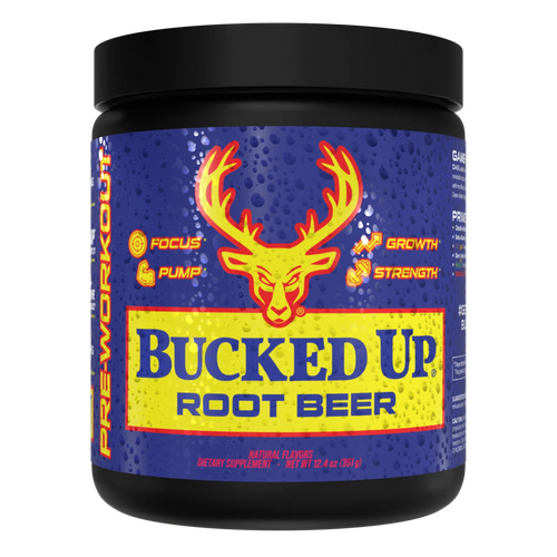 Pre Workout Supplement container labeled 'Bucked Up Root Beer' with a deer logo on a blue background.