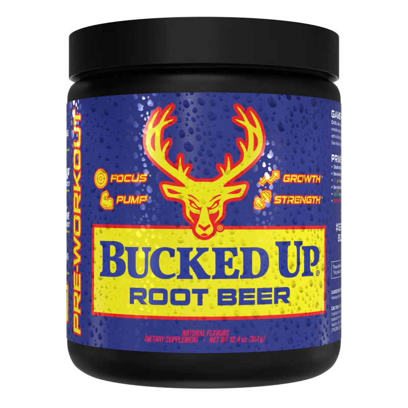 Pre Workout Supplement container labeled 'Bucked Up Root Beer' with a deer logo on a blue background.
