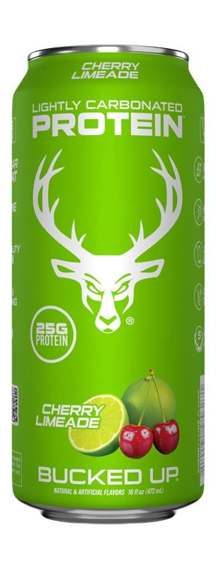 Green can of Bucked Up Protein Drink with cherry and lime graphics on a white background