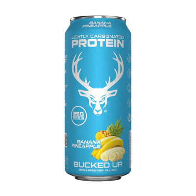 Blue can of protein drink with banana and pineapple flavor on a white background.