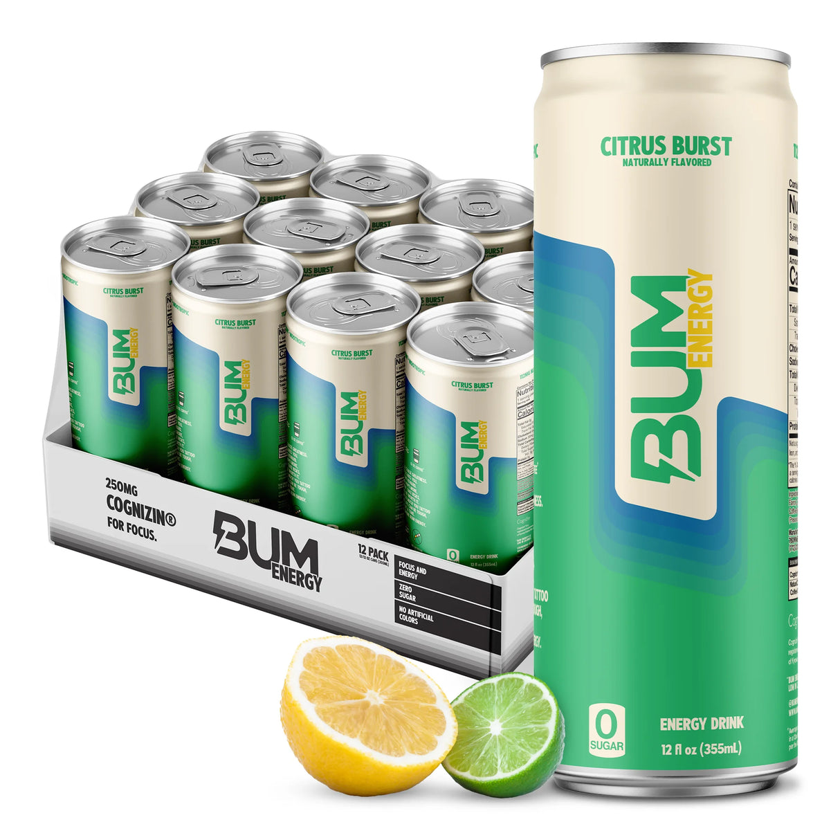 BUM Sugar-Free Energy Drink - Lightly Carbonated & No Artificial Colors, Natural Caffeine & Citicoline for Energy & Focus, Brain Boost & Workout Sports Beverage - 12 oz, 12-Pack