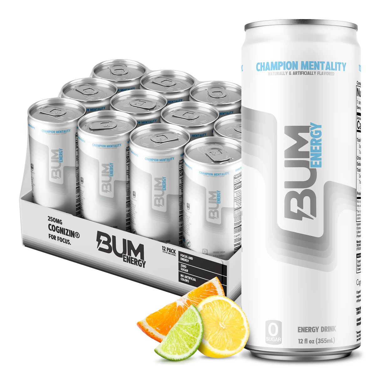 BUM Sugar-Free Energy Drink - Lightly Carbonated & No Artificial Colors, Natural Caffeine & Citicoline for Energy & Focus, Brain Boost & Workout Sports Beverage - 12 oz, 12-Pack