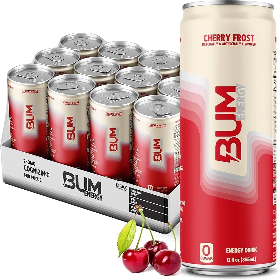 BUM Sugar-Free Energy Drink - Lightly Carbonated & No Artificial Colors, Natural Caffeine & Citicoline for Energy & Focus, Brain Boost & Workout Sports Beverage - 12 oz, 12-Pack