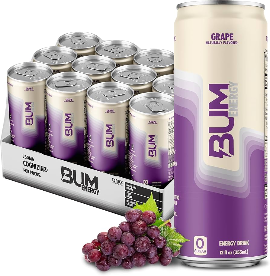 BUM Sugar-Free Energy Drink - Lightly Carbonated & No Artificial Colors, Natural Caffeine & Citicoline for Energy & Focus, Brain Boost & Workout Sports Beverage - 12 oz, 12-Pack