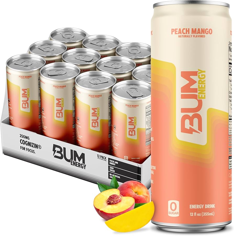 Bum Energy Peach Mango flavor energy drink with zero sugar