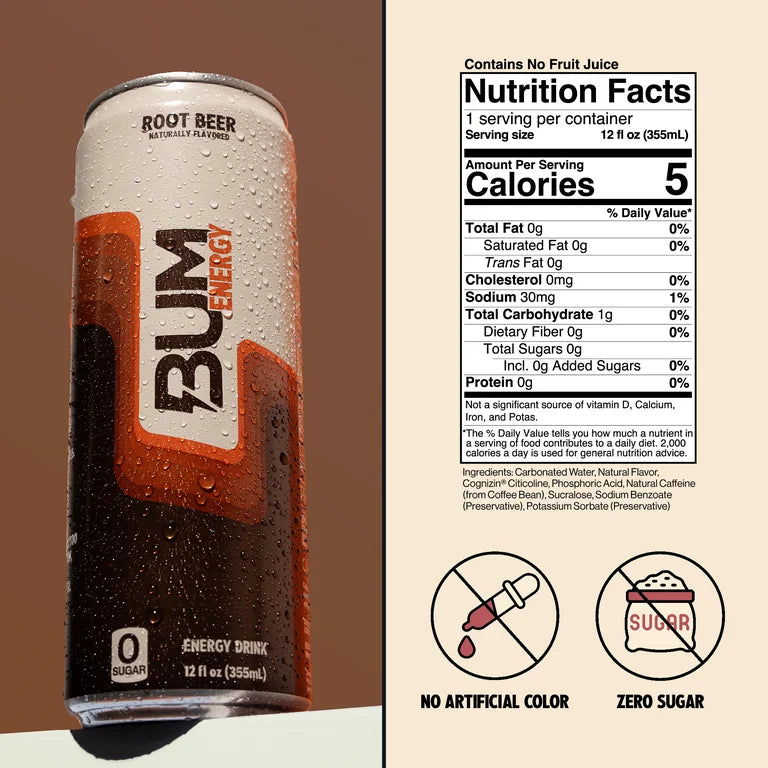 BUM Sugar-Free Energy Drink - Lightly Carbonated & No Artificial Colors, Natural Caffeine & Citicoline for Energy & Focus, Brain Boost & Workout Sports Beverage - 12 oz, 12-Pack