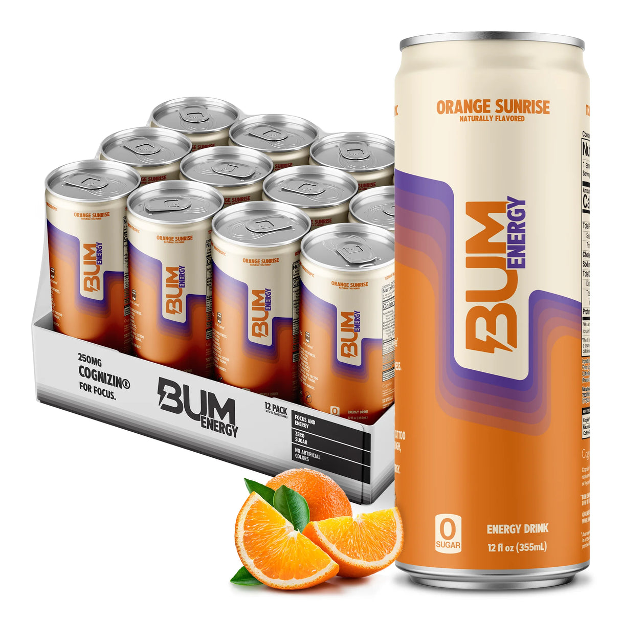 BUM Sugar-Free Energy Drink - Lightly Carbonated & No Artificial Colors, Natural Caffeine & Citicoline for Energy & Focus, Brain Boost & Workout Sports Beverage - 12 oz, 12-Pack