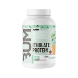 Raw BUM Itholate Grass-Fed Whey Protein isolate container Mint Chip Ice Cream Flavor on a white background